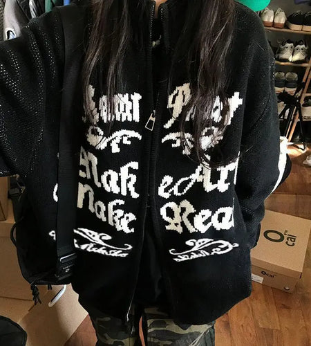 2025 Y2k Aesthetic Jacquard Cardigans Autumn Winter Oversized Streetwear Tops New Grunge Casual Double Zippers Knitted Sweaters