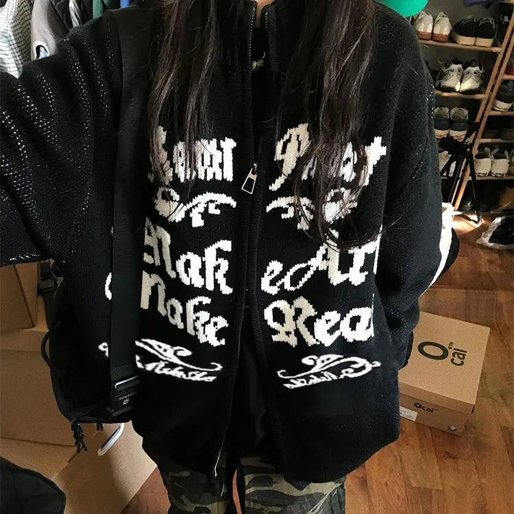 2025 Y2k Aesthetic Jacquard Cardigans Autumn Winter Oversized Streetwear Tops New Grunge Casual Double Zippers Knitted Sweaters