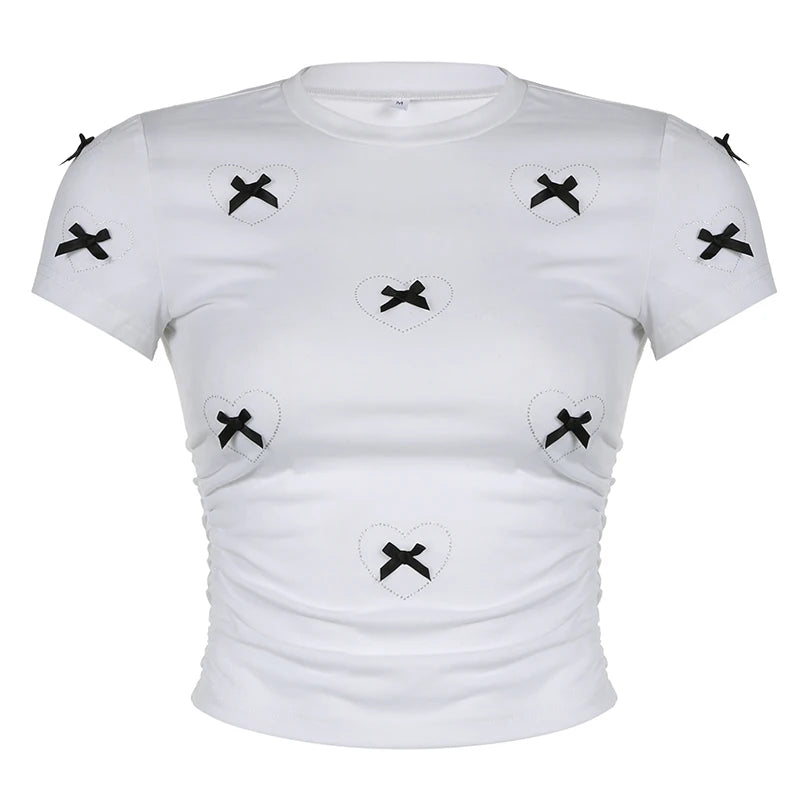 Hotsweet Bow White Bodycon Tee Shirts Women Heart Coquette Cutecore Folds Summer Crop Top Girls Korean Clothing Short