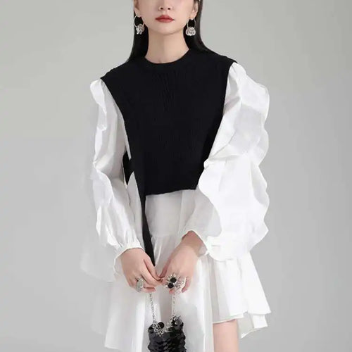 Load image into Gallery viewer, Women Black Knitting Color-block Ruffles Elegant Dress New Round Neck Long Sleeve Fashion Tide Spring Autumn 2025 1DH6758
