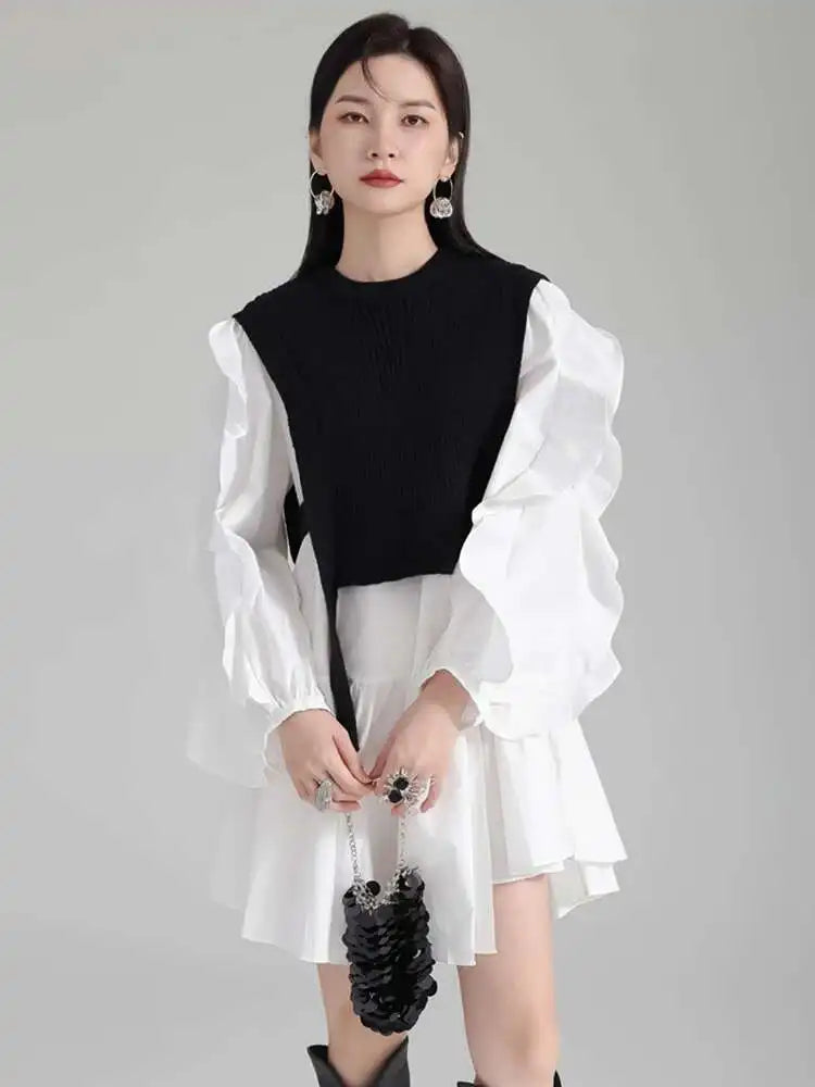 Women Black Knitting Color-block Ruffles Elegant Dress New Round Neck Long Sleeve Fashion Tide Spring Autumn 2025 1DH6758