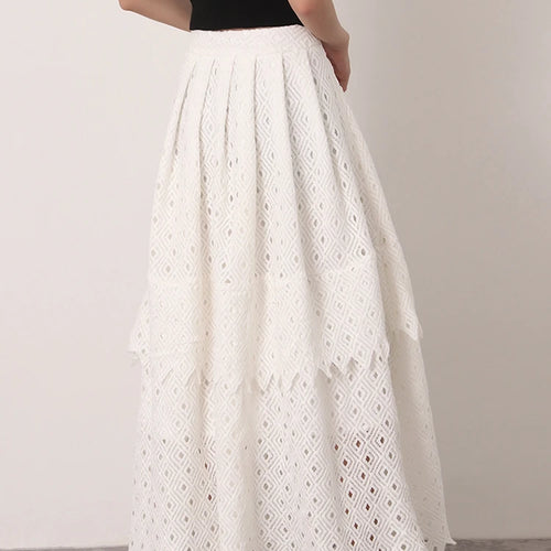 Load image into Gallery viewer, White Vintage Cut Out Skirt For Women High Waist A Line Lace Panel Irregular Hem Midi Skirts Female Summer Clothing
