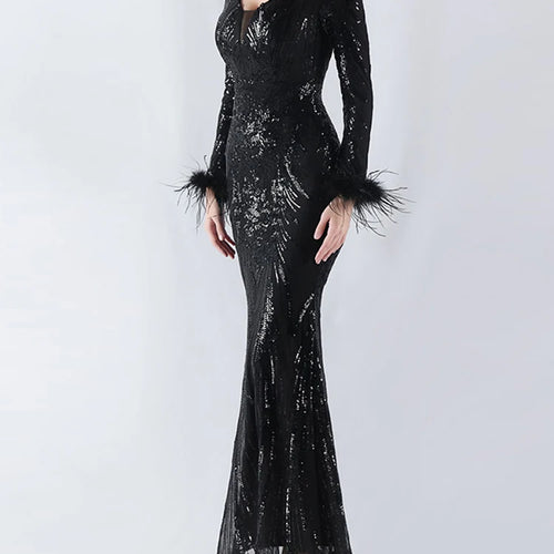 Load image into Gallery viewer, Solid Spliced Feather Slimming Dresses For Women V Neck Long Sleeve High Waist Temperament Dress Female Fashion New
