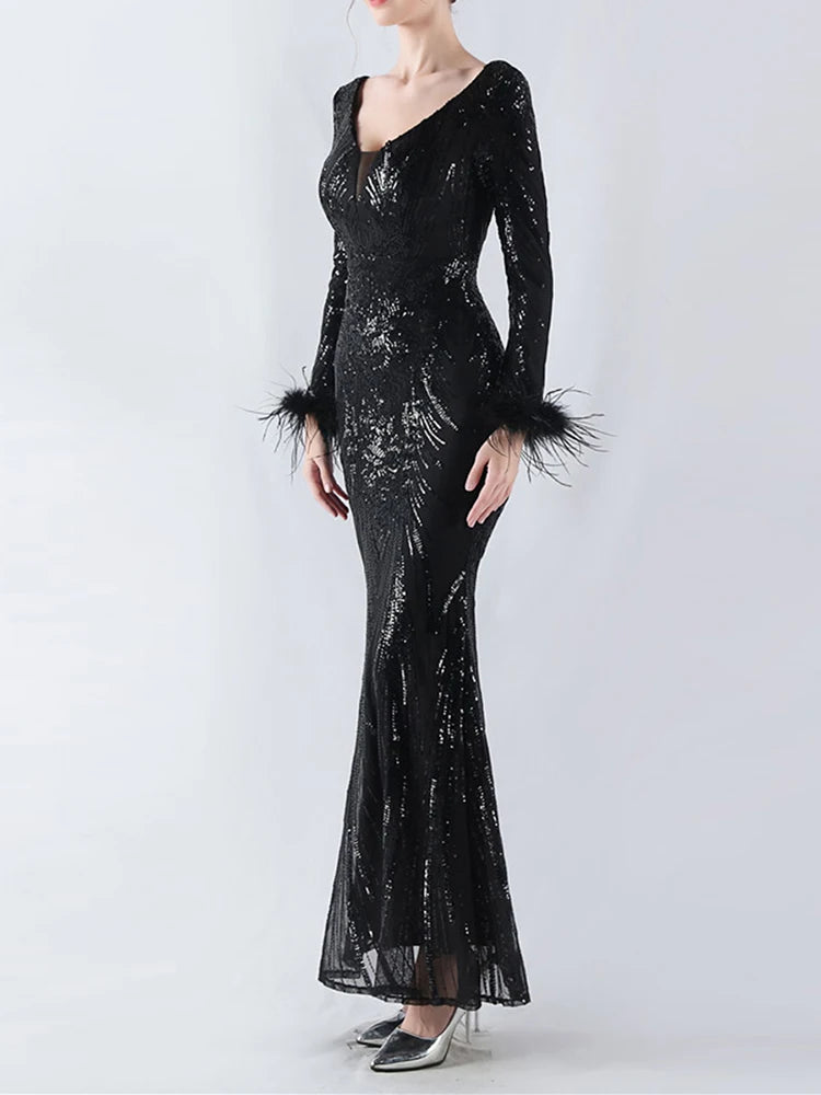 Solid Spliced Feather Slimming Dresses For Women V Neck Long Sleeve High Waist Temperament Dress Female Fashion New