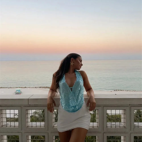 Load image into Gallery viewer, Halter Deep V Neck Sexy Crop Tops Women Sequins Beach Club Tank Tops Female Summer New Holiday Party Cropped Tops
