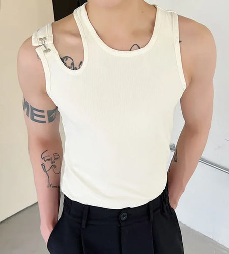 Shoulder Buckle Male Vest Niche Design Round Collar Solid Color Men's Sleeveless Tops Casual Spring Trend 9A3220