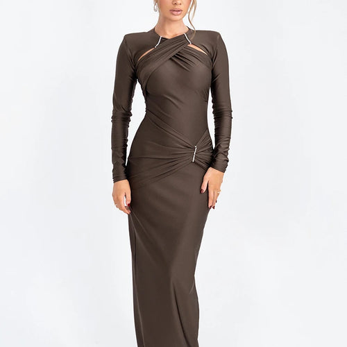 Load image into Gallery viewer, Hollow Out Long Sleeve Sexy Maxi Dress For Women Gown Fashion Solid Bodycon Ruched Club Evening Elegant Long Dress
