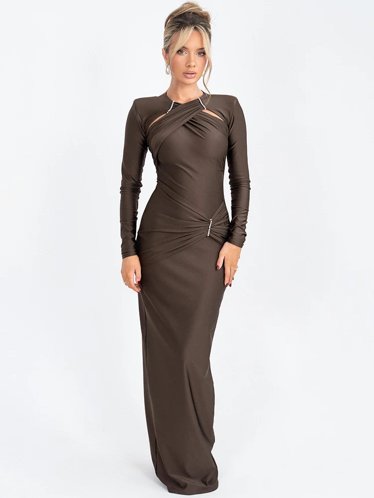 Hollow Out Long Sleeve Sexy Maxi Dress For Women Gown Fashion Solid Bodycon Ruched Club Evening Elegant Long Dress