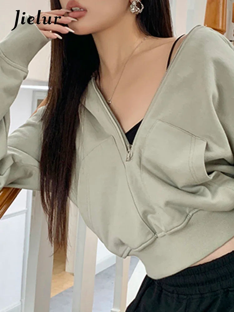 Winter American Hooded Loose Green Female Sweatshirts New Loose Zipper Casual Sexy Fashion Women's Hoodies Office Lady