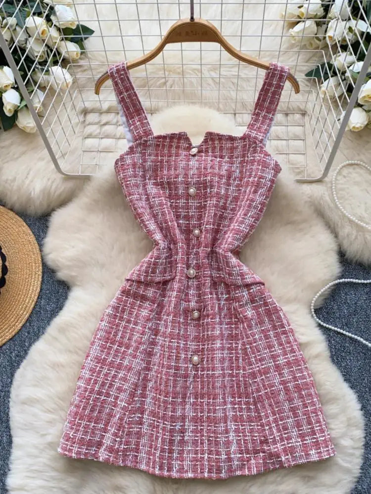 Retro 2024 Autumn Winter New Pink Plaid Woolen Sleeveless Mini Slip Dress Women's Black Button Elegant Short Tweed Dress Popular