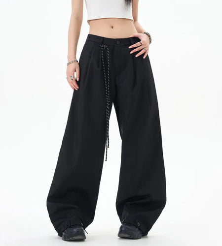 Male Suit Pants Double Pleated Drawstring Design Straight Leg Trousers New Trendy Wide Leg Solid Color Trousers 9W1201