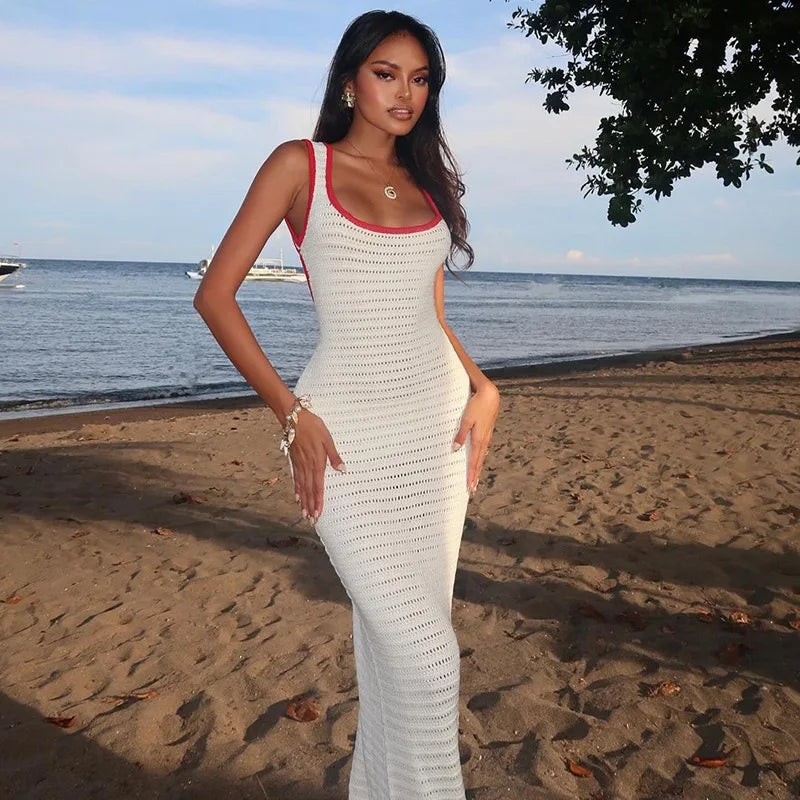 Hollow Out Backless Knit Maxi Dress For Women White Spaghetti Strap Sleeveless Bodycon Club Party Sexy Knitted Dress