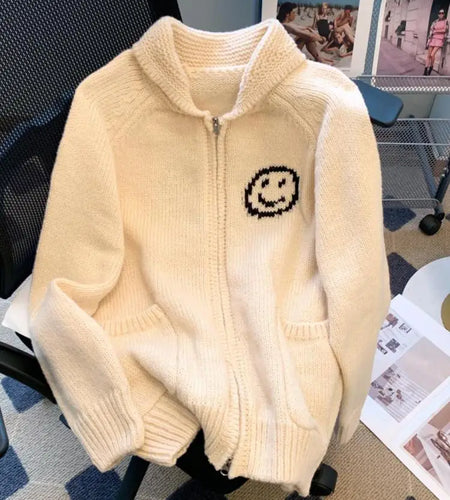 Korean Beige Smiling Face Patchwork Zipper Sweater Women's 2024 Autumn Winter New Long Sleeve Cardigan Knit Tops Fashion Popular