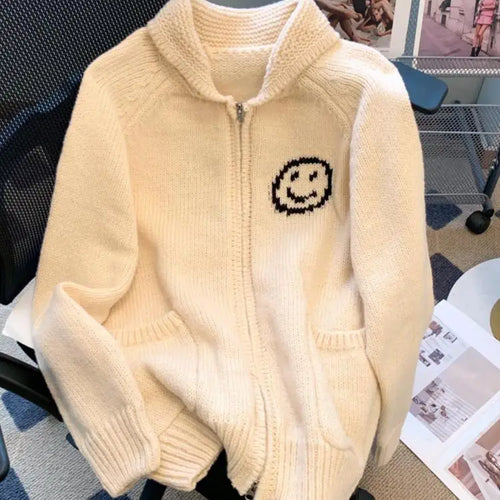 Load image into Gallery viewer, Korean Beige Smiling Face Patchwork Zipper Sweater Women's 2024 Autumn Winter New Long Sleeve Cardigan Knit Tops Fashion Popular
