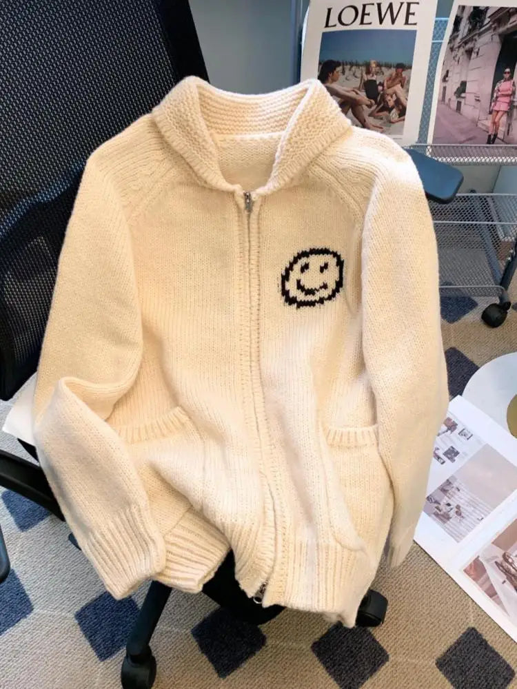 Korean Beige Smiling Face Patchwork Zipper Sweater Women's 2024 Autumn Winter New Long Sleeve Cardigan Knit Tops Fashion Popular