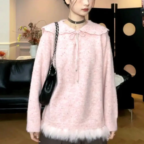 Load image into Gallery viewer, Y2k Aesthetic Women Sweet Fur Patchwork Sweaters Grunge Sailor Collar Bandage Jumpers Loose Knitted Harajuku Pullovers Female
