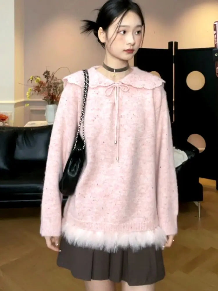 Y2k Aesthetic Women Sweet Fur Patchwork Sweaters Grunge Sailor Collar Bandage Jumpers Loose Knitted Harajuku Pullovers Female