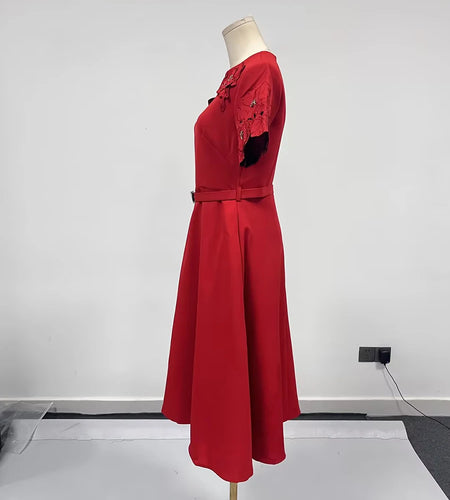 Solid  Spliced Appliques Slimming Dresses For Women O Neck Short Sleeve High Wasit Temperament Dress Female Fashion