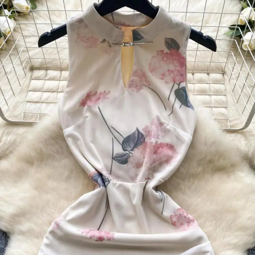 Load image into Gallery viewer, Summer New Chinese Style Print Mesh Dresses Women Sexy Club Hollow Out Stand Collar Sleeveless Slim Evening Party Dress Holiday
