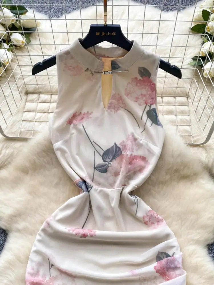 Summer New Chinese Style Print Mesh Dresses Women Sexy Club Hollow Out Stand Collar Sleeveless Slim Evening Party Dress Holiday