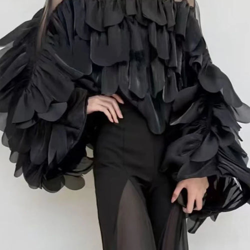 Load image into Gallery viewer, Solid Sheer Spliced Ruffles Folds Fashion Blouses for Women Round Neck Long Sleeves Elegant Blouse Female Clothing
