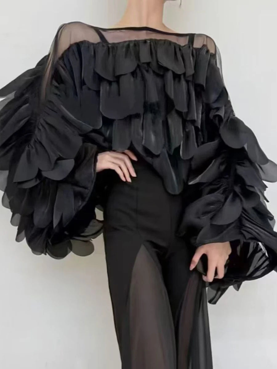 Solid Sheer Spliced Ruffles Folds Fashion Blouses for Women Round Neck Long Sleeves Elegant Blouse Female Clothing