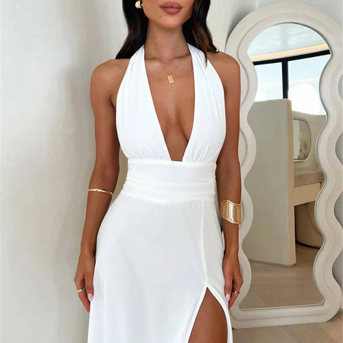 Load image into Gallery viewer, Halter Deep V Neck High Split Maxi Dress For Women Fashion Sleeveless Backless Bodycon Club Party Sexy Long Dress New
