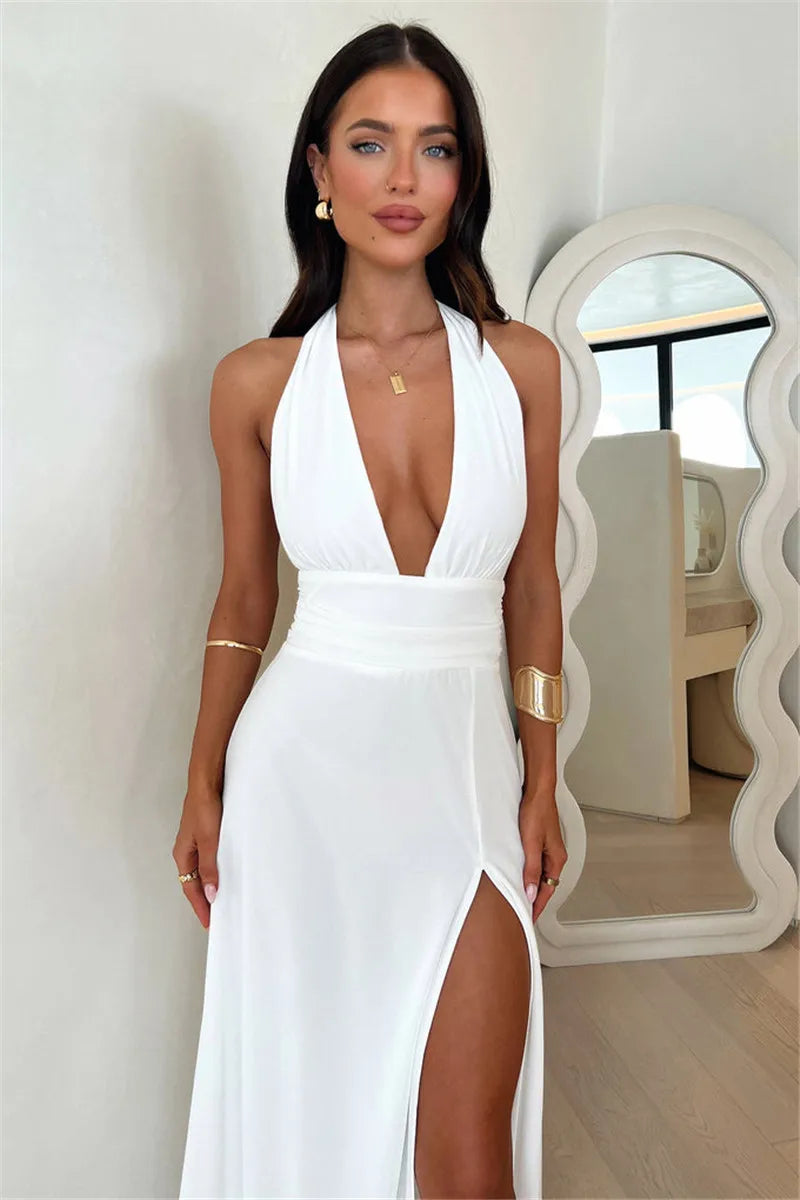 Halter Deep V Neck High Split Maxi Dress For Women Fashion Sleeveless Backless Bodycon Club Party Sexy Long Dress New