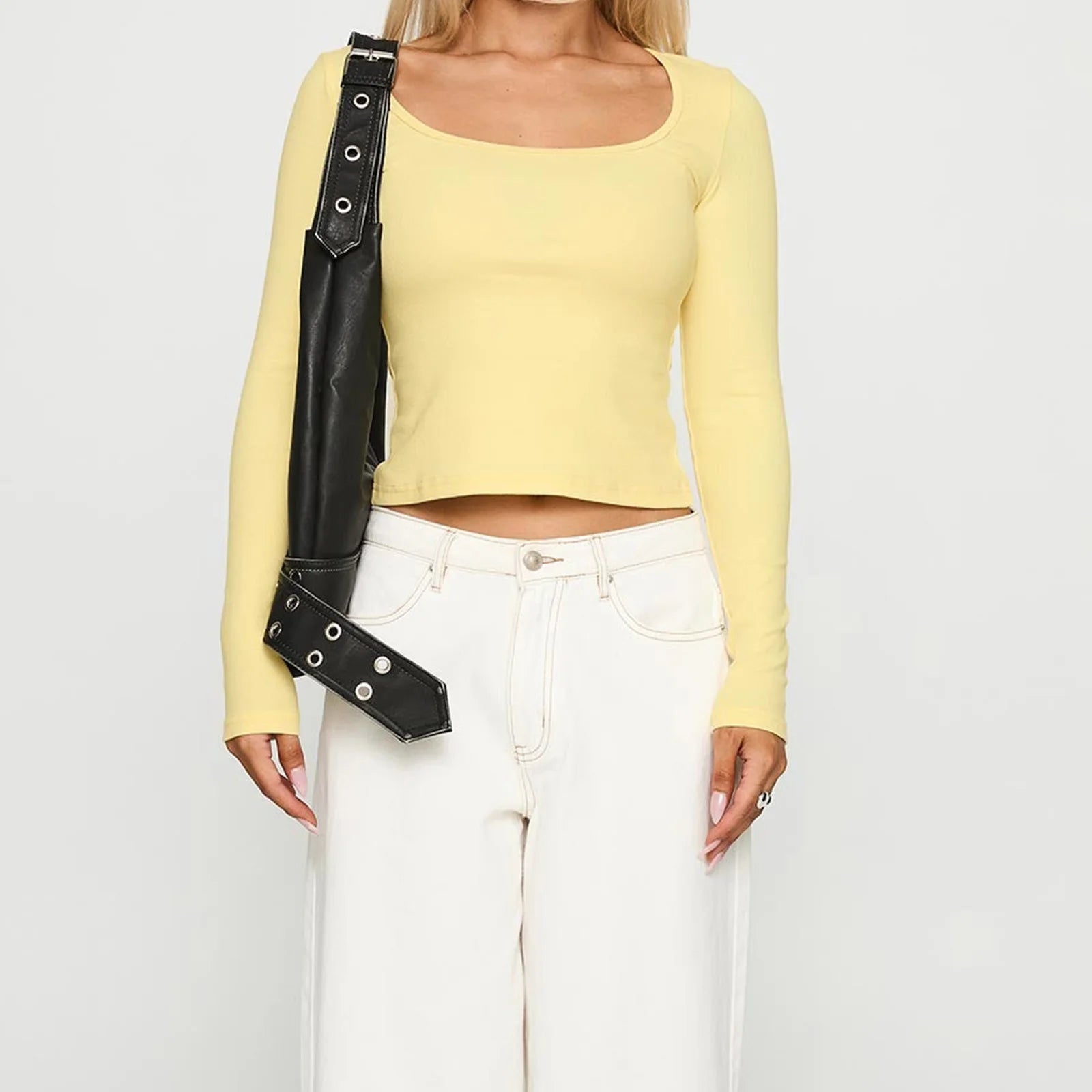 y2k Tops Women Sexy Clothing Solid Color Square Neck Long Sleeve Cropped T Shirts 2000s Party Clothes Club Streetwear