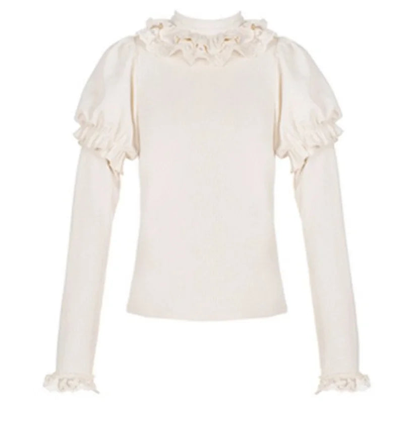 Lolita Lace Puff Sleeve Kawaii Sweet Sweater Women Japanese Knitted Pullover Bow Patchwork Y2k Aesthetic Jumper Harajuku Fashion