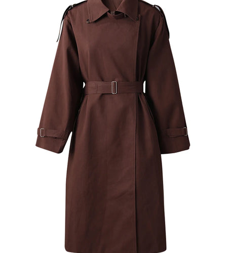 Women Red Brown Big Size Long Elegant Trench New Lapel Long Sleeve Windbreaker Fashion Tide Spring Autumn 2025 1DH9733