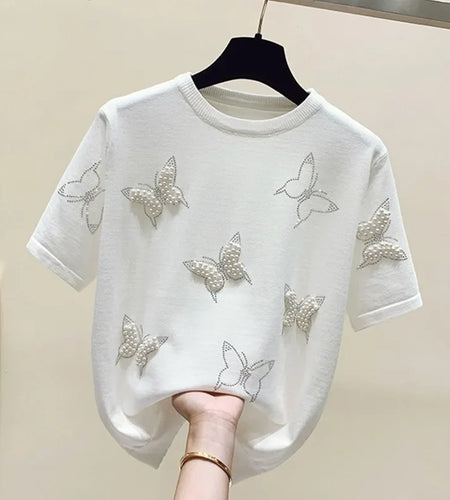 Summer O Neck Puff Short Sleeve Women T-Shirts Sweet Pearl Embroidery Female Knitted Tops Korean Chic Butterfly Beading Tees