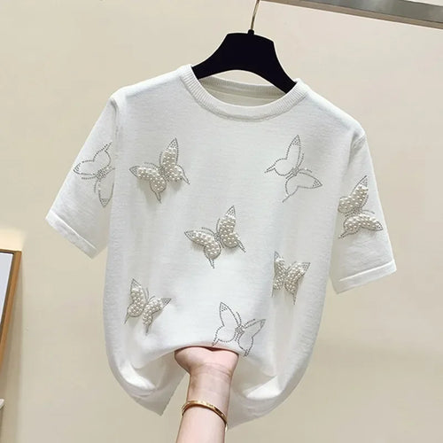 Load image into Gallery viewer, Summer O Neck Puff Short Sleeve Women T-Shirts Sweet Pearl Embroidery Female Knitted Tops Korean Chic Butterfly Beading Tees
