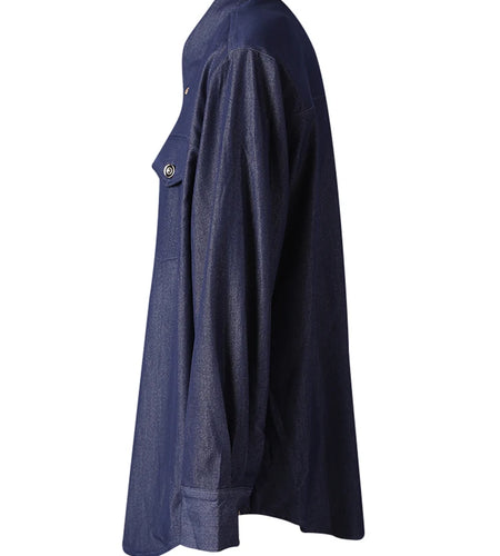 Women Blue Rivet Shoulder Padded Big Size Blouse New Lapel Long Sleeve Shirt Fashion Tide Spring Autumn 2025 CPG3097