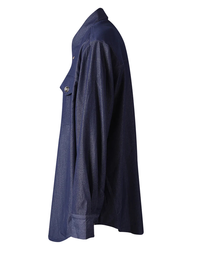 Women Blue Rivet Shoulder Padded Big Size Blouse New Lapel Long Sleeve Shirt Fashion Tide Spring Autumn 2025 CPG3097