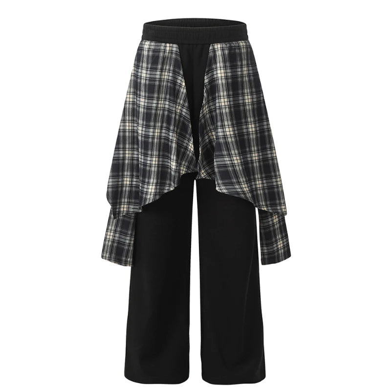 American Style Male Sweatpants High Street Fake Two-piece Spliced Plaid Peplum Design Solid Color Men's Pants 9W1857