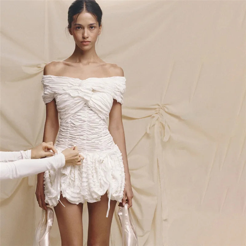 Sexy Off-shoulder Sleeveless Pleated A-line Mini Dress For Women Patchwork Slim Fit Summer Robe High Waist Party Dress