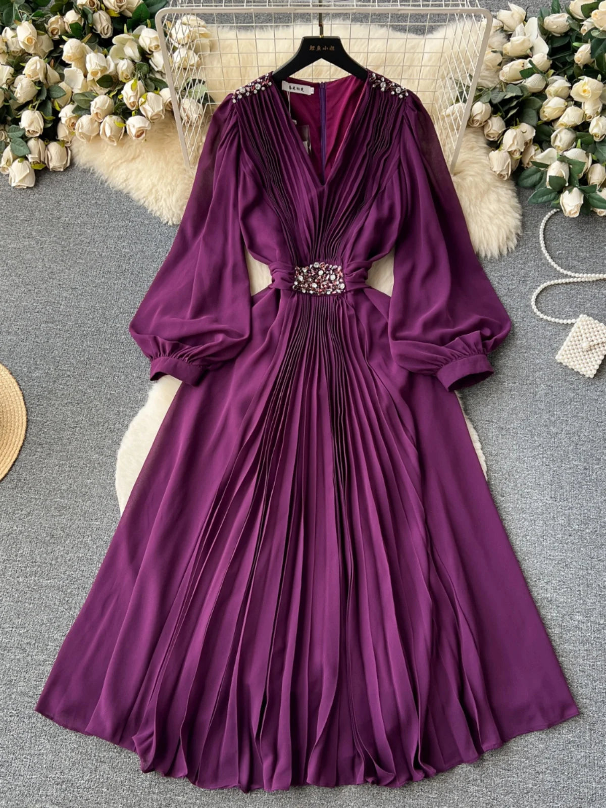 French Women Solid V Neck Diamond Elegant High Waist Pleated Dresses Autumn Winter Slim Long Sleeve Holiday Dress Ladies Popular