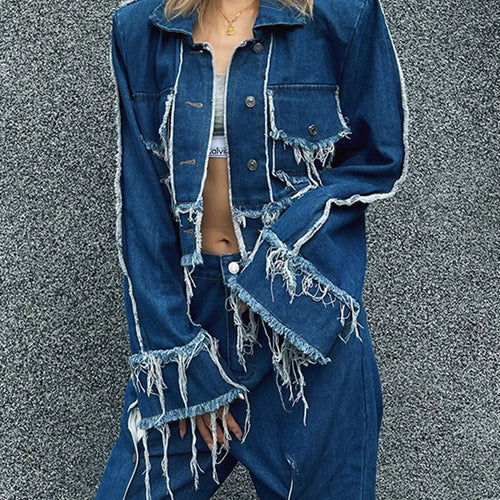 Load image into Gallery viewer, Streetwear Denim Two Piece Sets For Women Lapel Long Sleeve Spliced Tassel Coat High Waist Hit Color Jeans Casual Set Female
