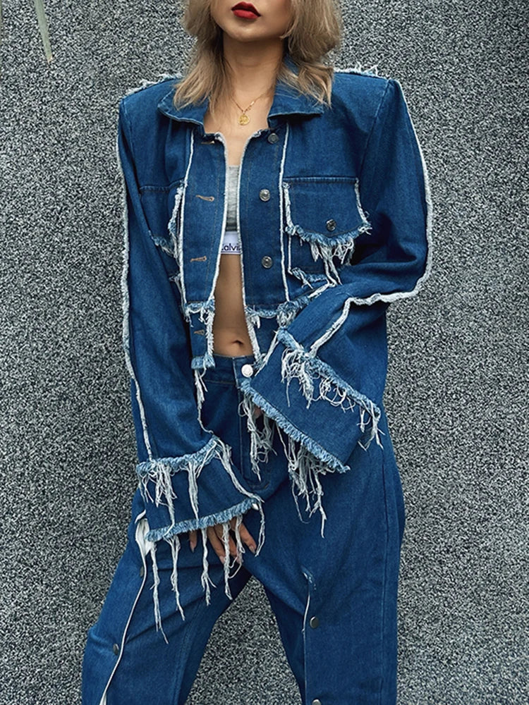 Streetwear Denim Two Piece Sets For Women Lapel Long Sleeve Spliced Tassel Coat High Waist Hit Color Jeans Casual Set Female