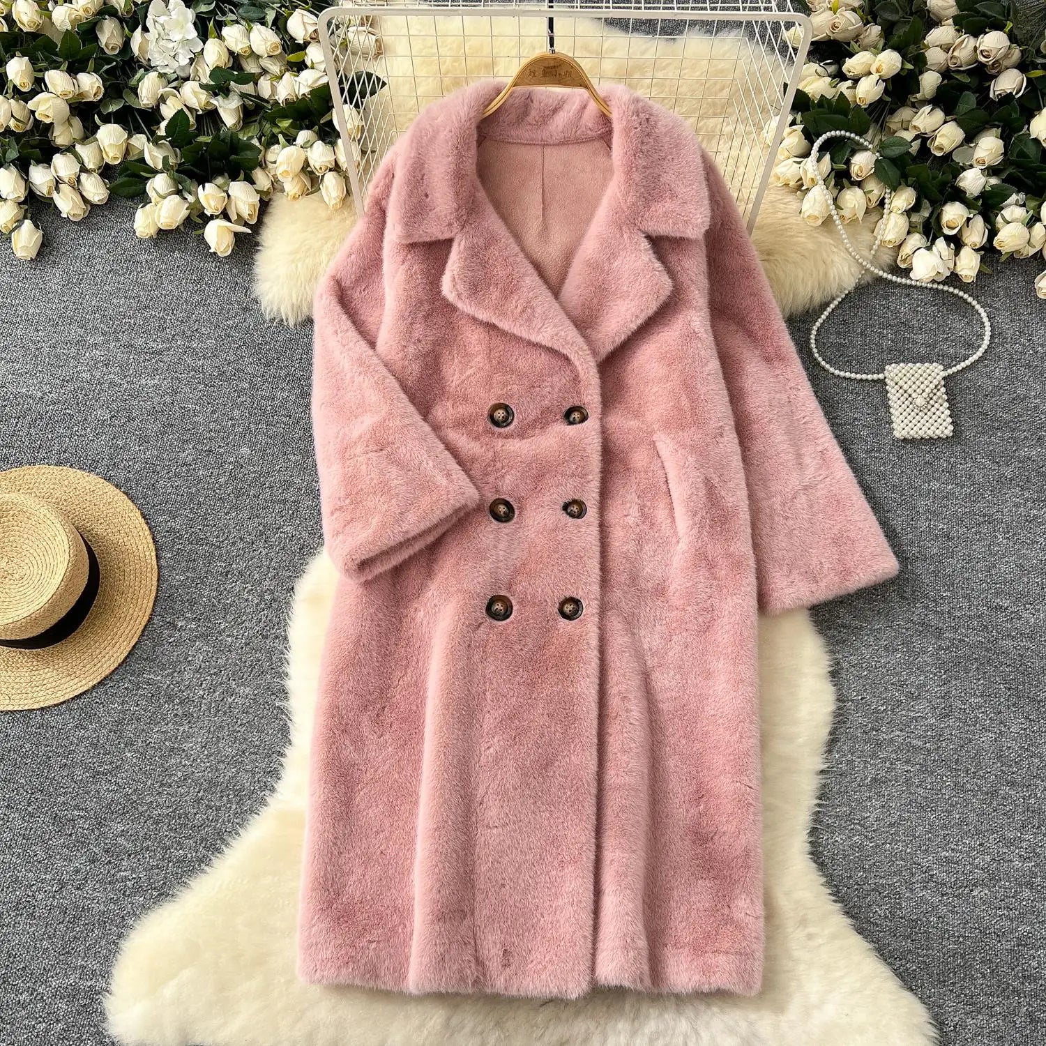 Korean Fashion 2024 Winter Solid Elegant Double-breasted Warm Imitation Mink Fur Coat Women Office Lady Thick Loose Long Jacket