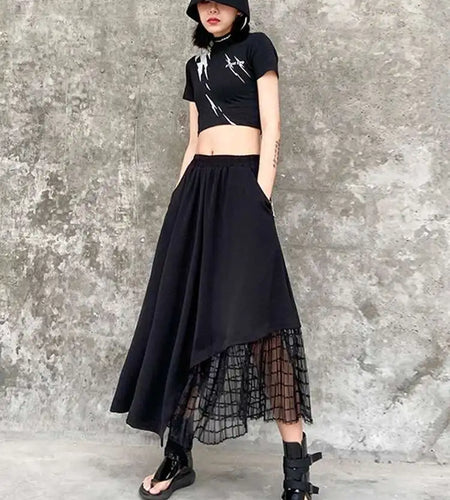 High Elastic Waist Black Irregular Mesh Casual Midi Half-body Skirt Women Fashion Tide New Spring Autumn 2025 1DH4596