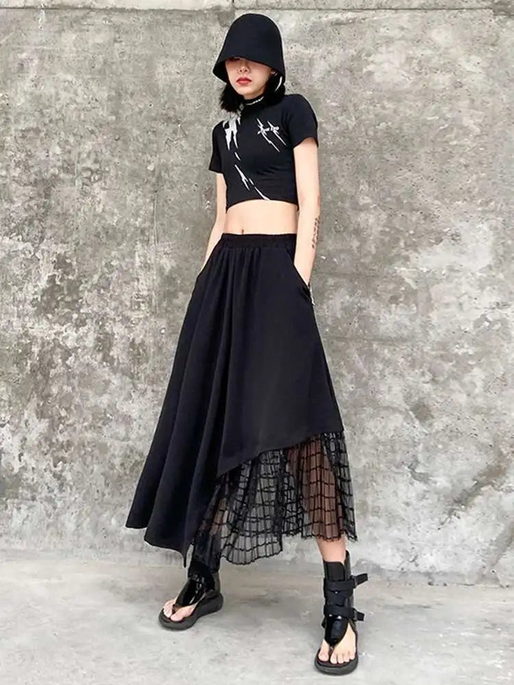High Elastic Waist Black Irregular Mesh Casual Midi Half-body Skirt Women Fashion Tide New Spring Autumn 2025 1DH4596