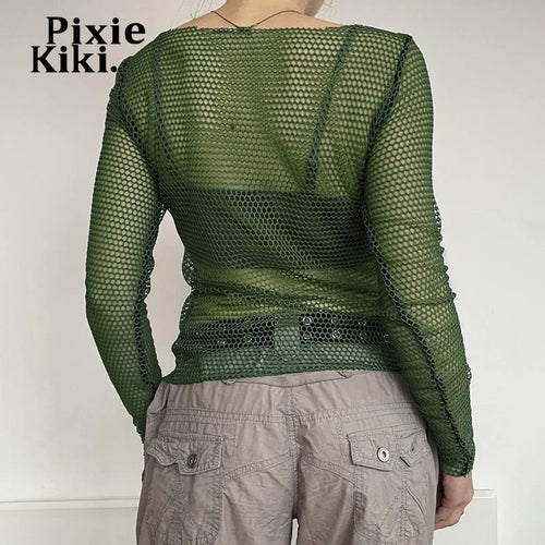 Load image into Gallery viewer, Y2k Tops Star Patchwork Hollow Fishnet Mesh T Shirts Long Sleeve Sexy Green Tops for Woman Autumn 2024 P67-BG10
