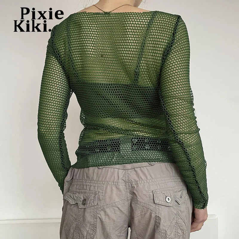 Y2k Tops Star Patchwork Hollow Fishnet Mesh T Shirts Long Sleeve Sexy Green Tops for Woman Autumn 2024 P67-BG10