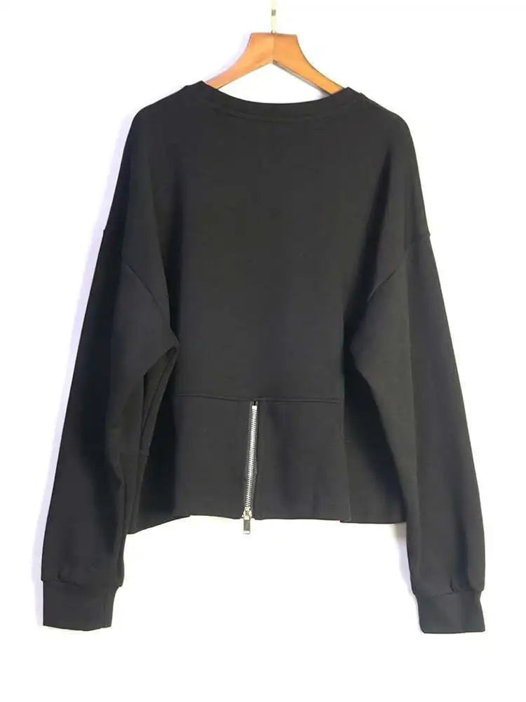 Black Printed Back Zipper Sweatshirt New Round Neck Long Sleeve Women Big Size Fashion Tide Spring Autumn 2025 1DJ0624