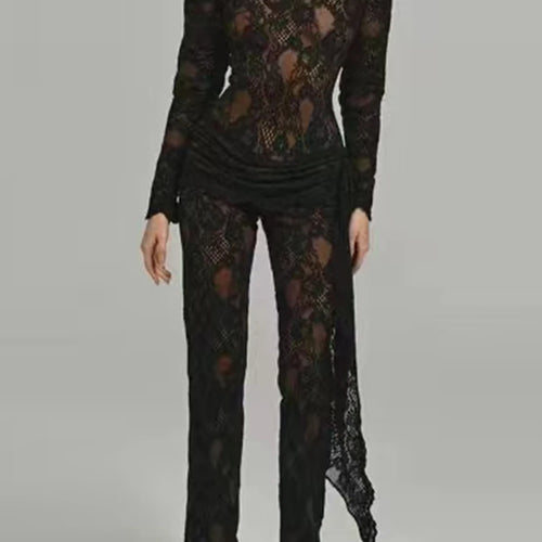 Load image into Gallery viewer, Solid Spliced Lace Up Lace Jumpsuits For Women O Neck Long Sleeve High Waist Temperament Jumposuit Female Fashion

