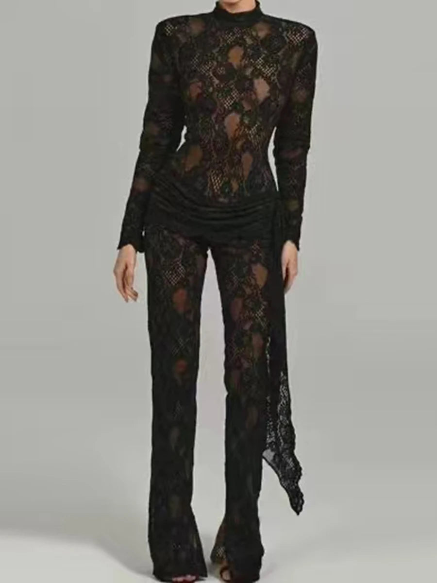 Solid Spliced Lace Up Lace Jumpsuits For Women O Neck Long Sleeve High Waist Temperament Jumposuit Female Fashion