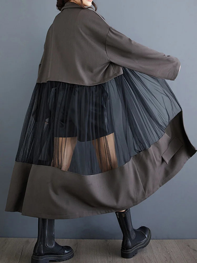 Black Mesh Perspective Big Size Long Jacket New Lapel Long Sleeve Women Coat Fashion Tide Spring Autumn 2025 1DJ0333