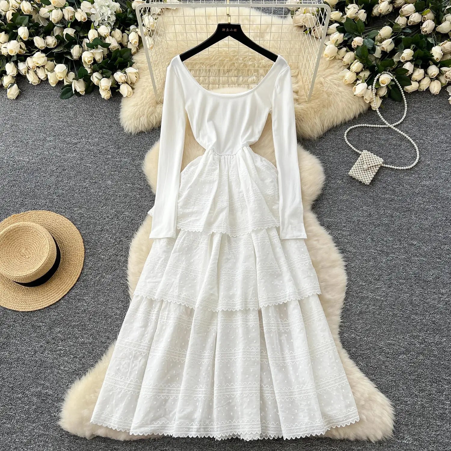 Korean Fashion Women White Embroidered Elegant Long Sleeved Pleated Cake Dress Spring Round Neck High Waist Vacation Party Dress